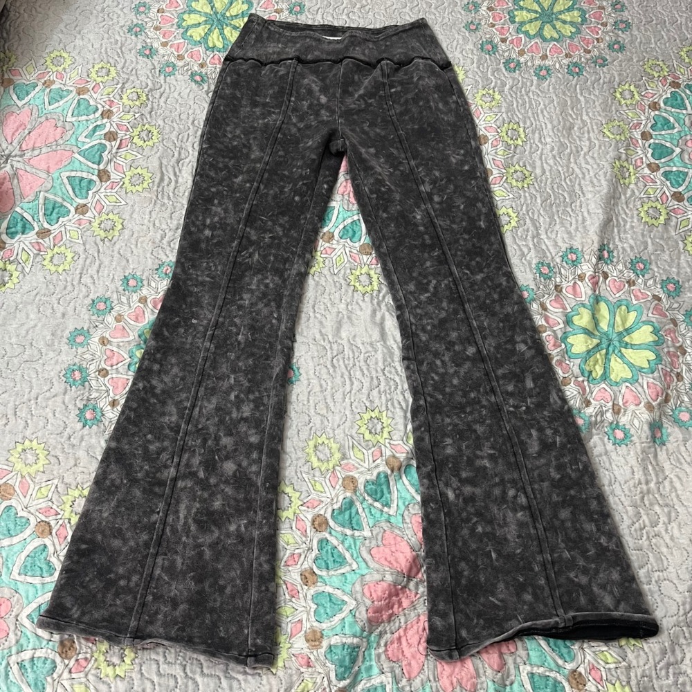 Vanilla Star Charcoal Acid Wash Flare Pants Ribbed Waist Seam Front Medium